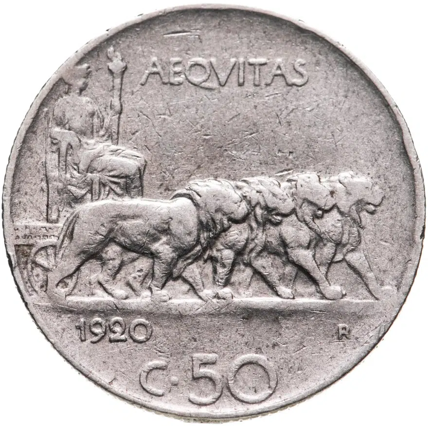 Италия 50 чентезимо (centesimi) 1920 рубчатый гурт
