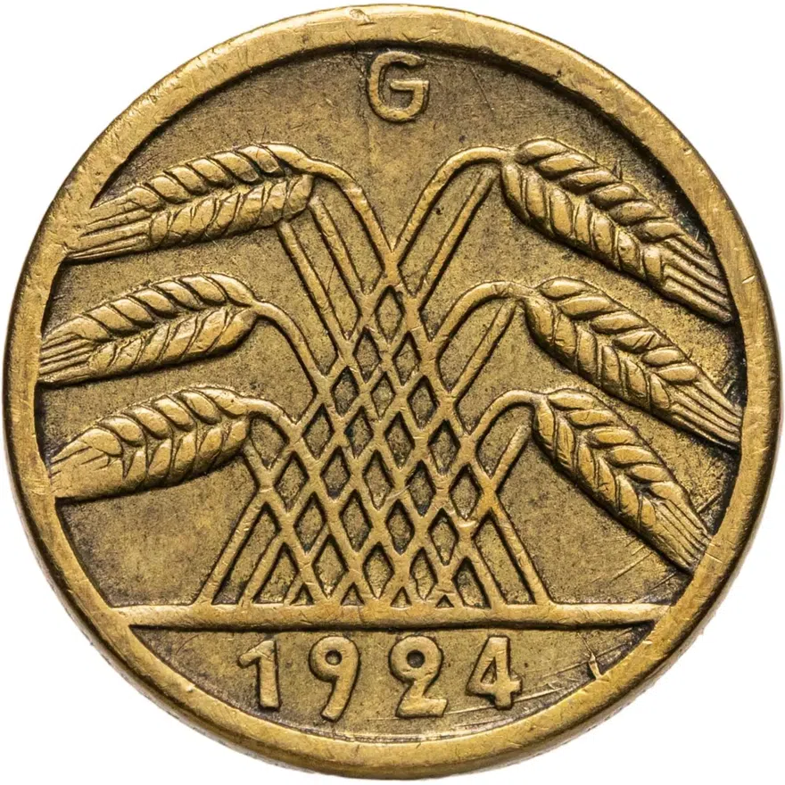 Германия 5 рентных пфеннигов (rentenpfennig) 1924 G  знак монетного двора "G" — Карлсруэ, аверс