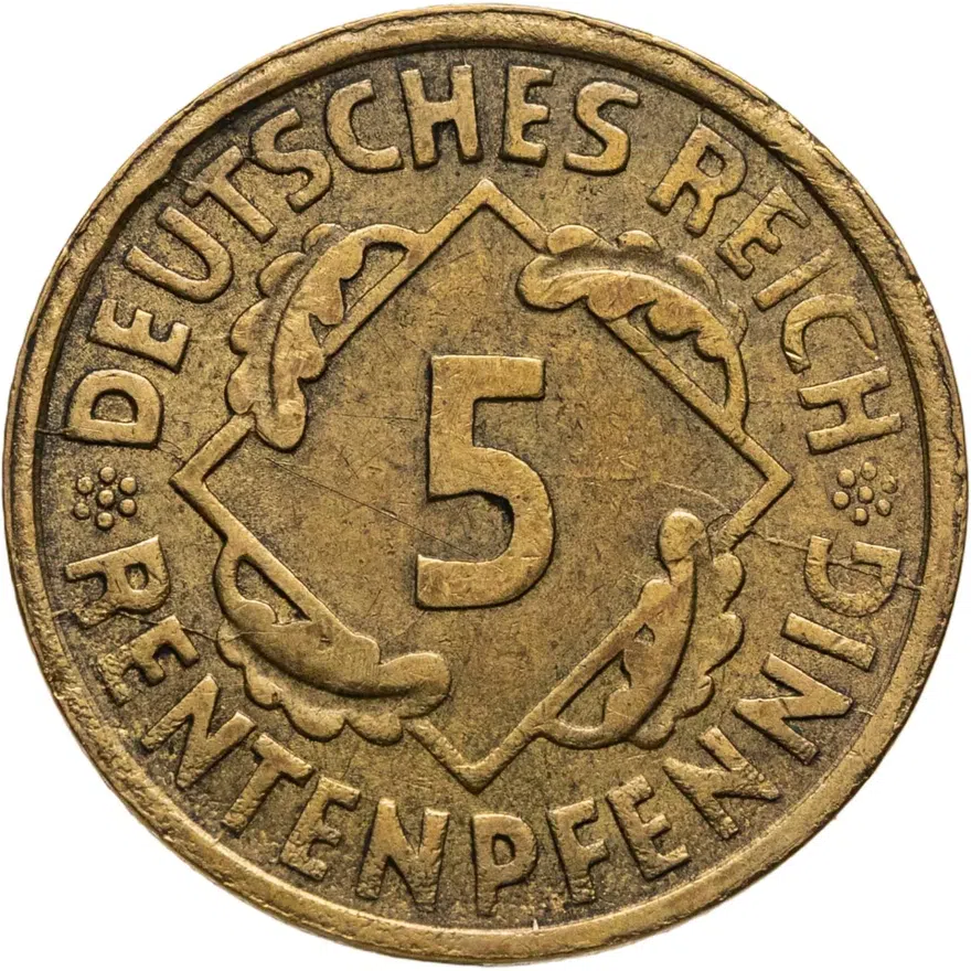 Германия 5 рентных пфеннигов (rentenpfennig) 1924 G  знак монетного двора "G" — Карлсруэ, реверс