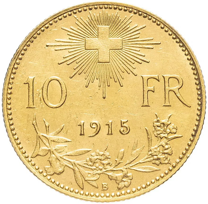 Швейцария 10 франков (francs) 1915, реверс