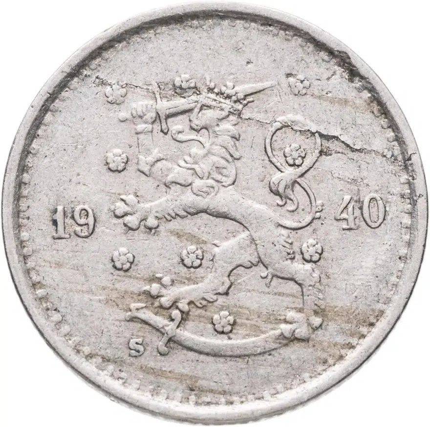Финляндия 50 пенни (pennia) 1940  Медно-никелевый сплав /серый цвет/, реверс