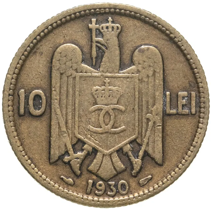 Румыния 10 леев (lei) 1930 раковина и крыло  знак монетного двора "раковина и крыло" - Париж