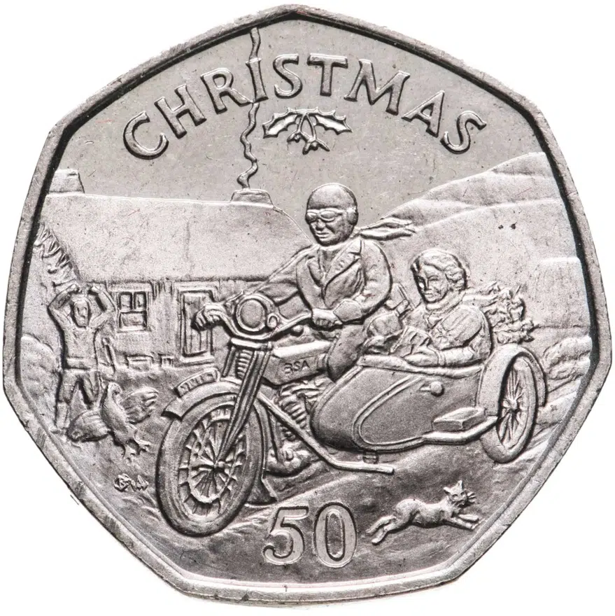 Остров Мэн. 50 пенсов (pence) 1988. "Рождество", отметка штемпеля "ВA"
