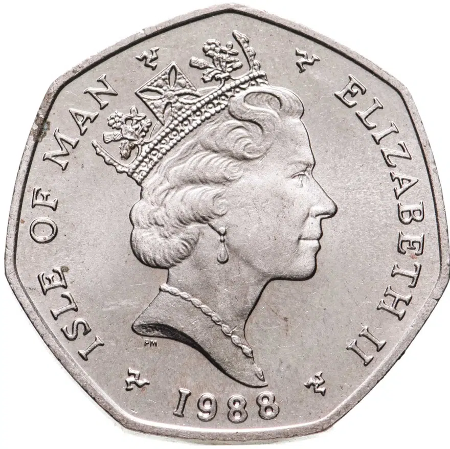 Остров Мэн. 50 пенсов (pence) 1988. "Рождество", отметка штемпеля "ВA", реверс