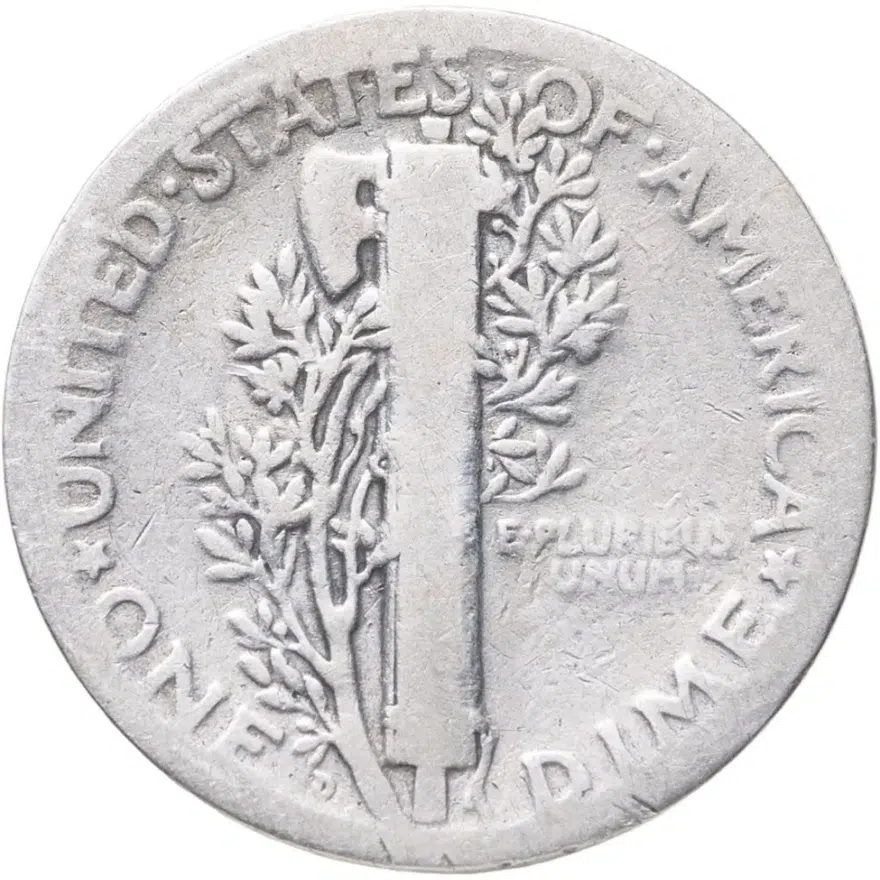 США 10 центов (дайм, one dime) 1926 Mercury Dime знак монетного двора: "D" - Денвер, реверс