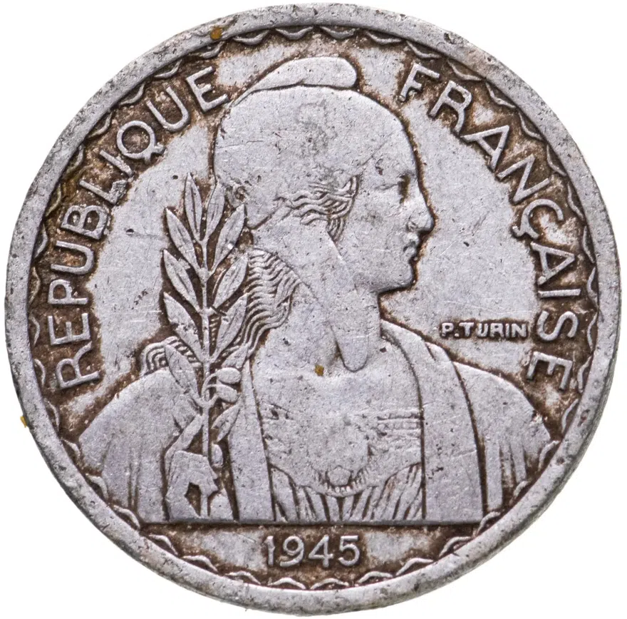 Французский Индокитай 20 сантим (centime) 1945 знак монетного двора: "C" - Кастельсарразен
