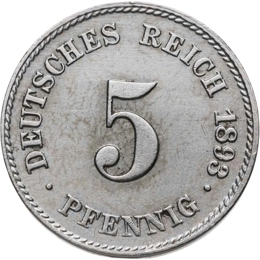 Германия 5 пфеннигов (pfennig) 1893 F  знак монетного двора: "F" - Штутгарт, аверс