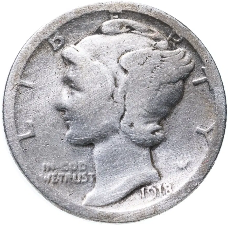 США 10 центов (дайм, one dime) 1918 S Mercury Dime знак монетного двора: "S" - Сан-Франциско, аверс