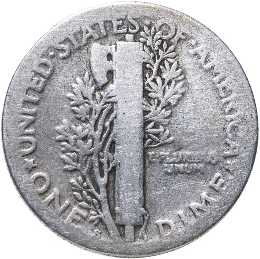 США 10 центов (дайм, one dime) 1918 S Mercury Dime знак монетного двора: "S" - Сан-Франциско, реверс