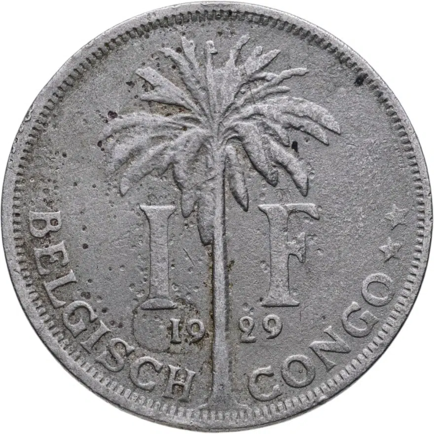 Бельгийское Конго 1 франк (franc) 1929   надпись на голландском - "ALBERT KONING DER BELGEN", реверс