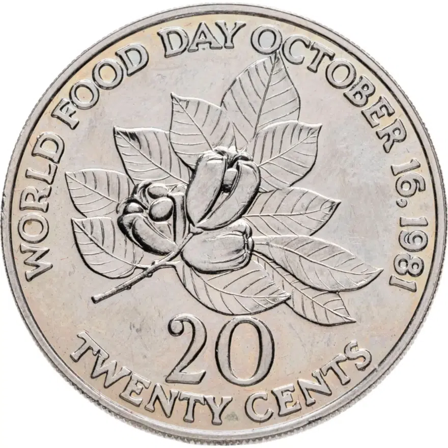 Ямайка 20 центов (cents) 1981 FM ФАО - WORLD FOOD DAY OCTOBER 16.1981 знак монетного двора "FM" — The Franklin Mint