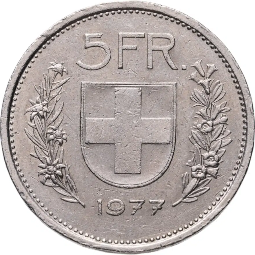 Швейцария 5 франков (francs) 1977, реверс
