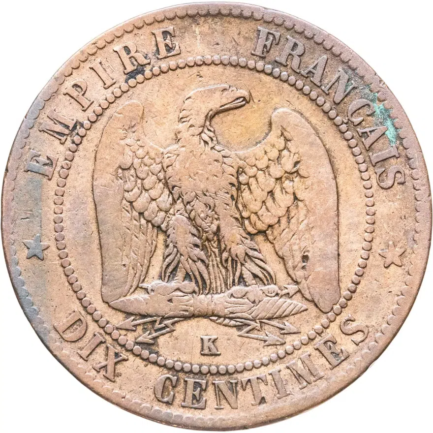 Франция 10 сантимов (centimes) 1864 K  знак монетного двора: "K" - Бордо, аверс