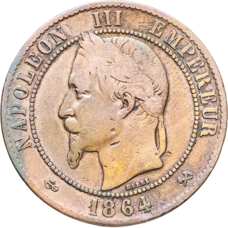 Франция 10 сантимов (centimes) 1864 K  знак монетного двора: "K" - Бордо, реверс