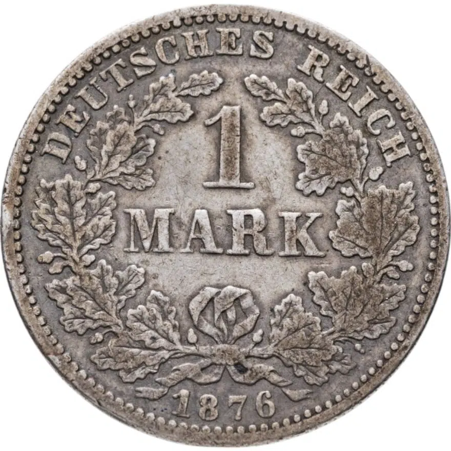 Германия 1 марка (mark) 1876 F  знак монетного двора: "F" - Штутгарт