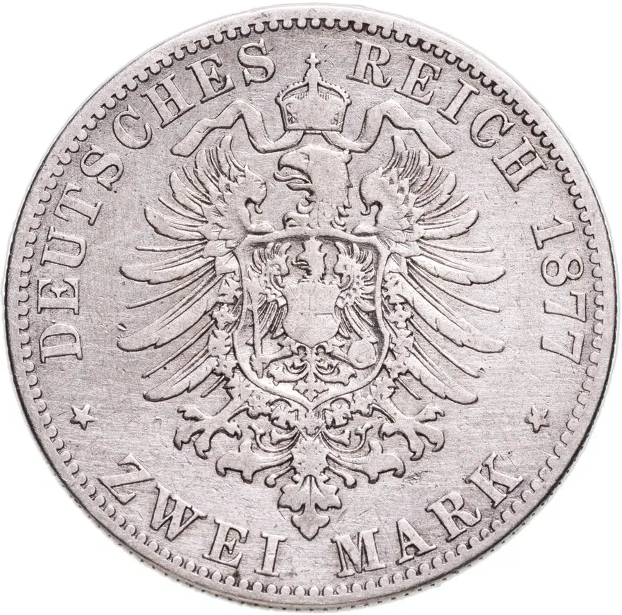 Германия (Империя)  2 марки (mark) 1877 A знак монетного двора: "A" - Берлин
