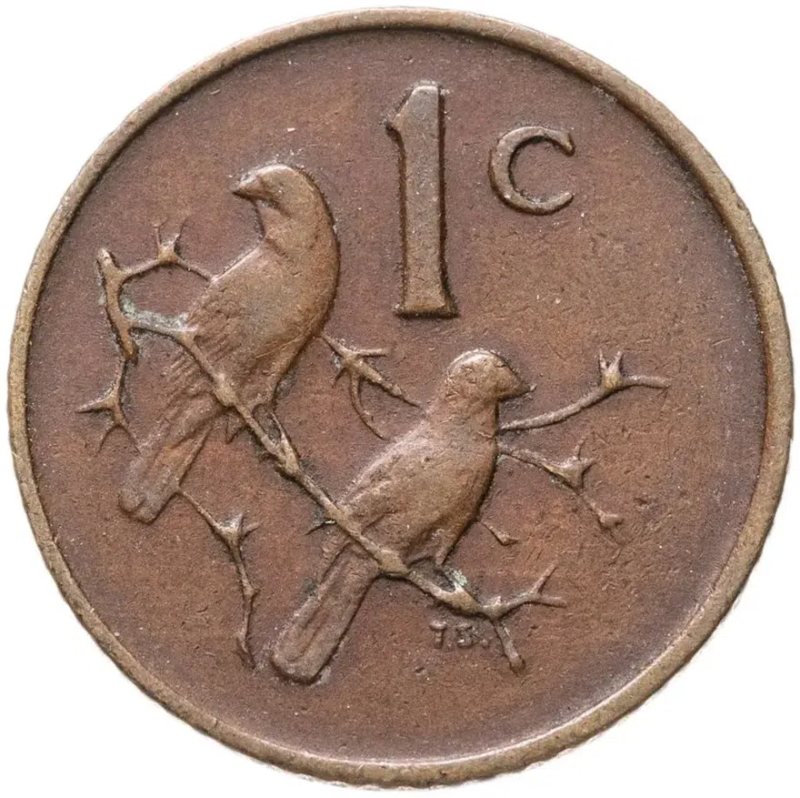 ЮАР 1 цент (cent) 1967  Надпись на языке африкаанс - "SUID-AFRIKA"