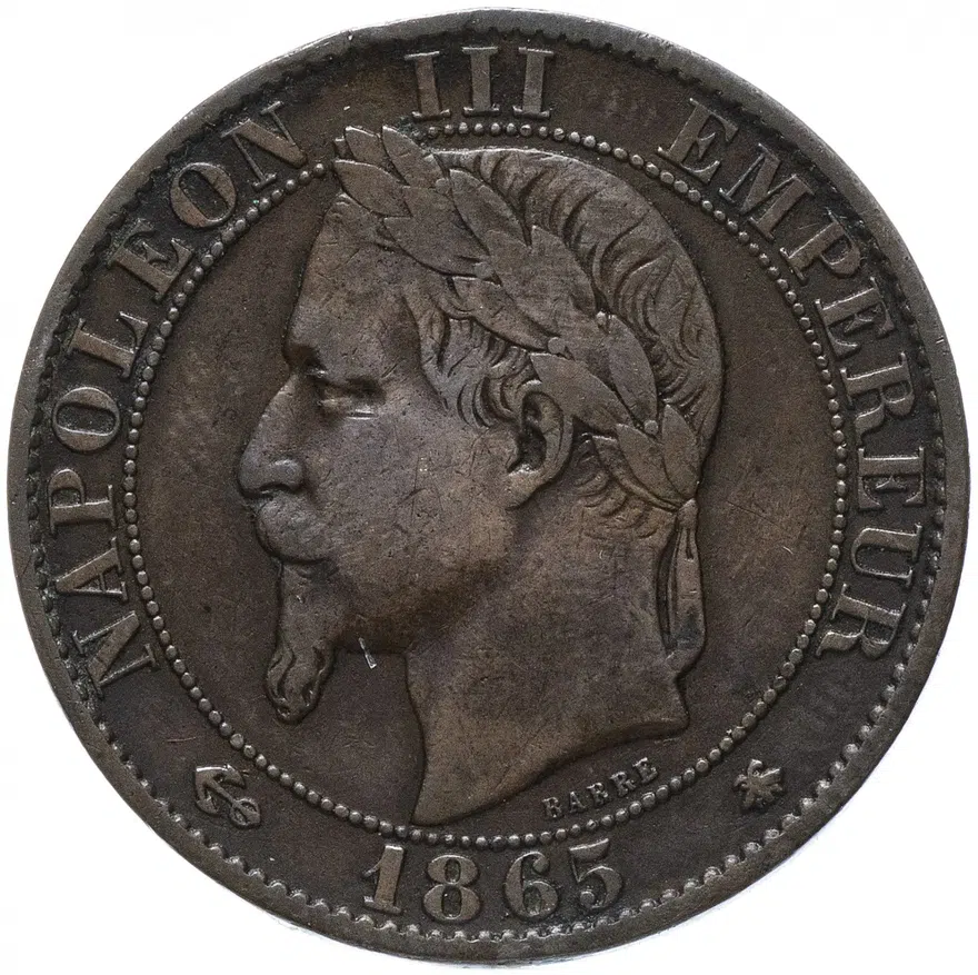 Франция 5 сантимов (centimes) 1865 "A", реверс