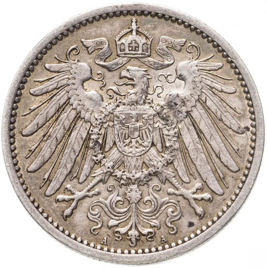 Германия 1 марка (mark) 1912 A  знак монетного двора: "A" - Берлин, реверс