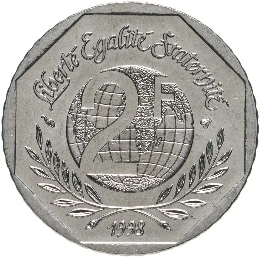 Франция 2 франка 1998 "50-летие Всеобщей декларации прав человека", реверс