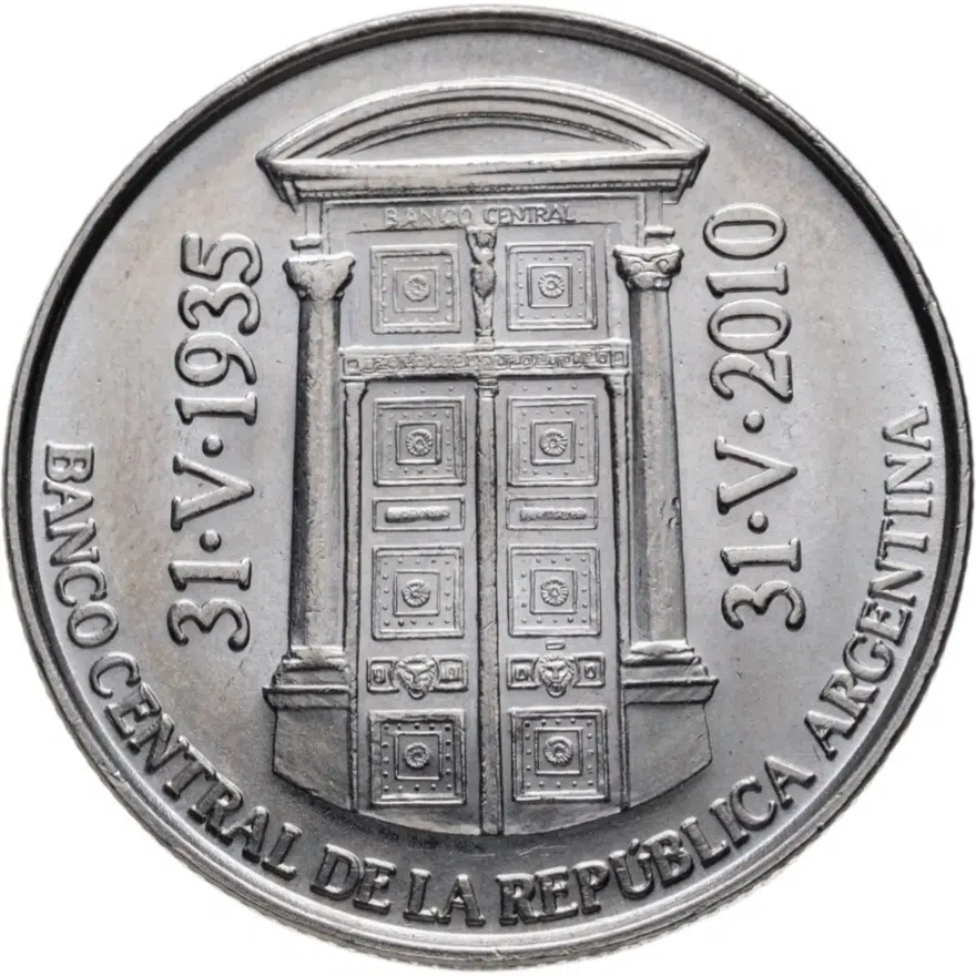 Аргентина 2 песо (pesos) 2010 "75 лет Центральному банку Аргентины" ребристый гурт, реверс