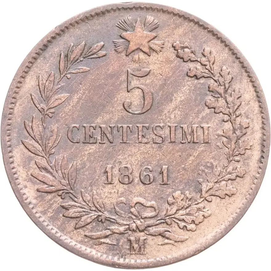 Италия 5 чентезимо (centesimi) 1861 M  знак монетного двора: "M" - Милан