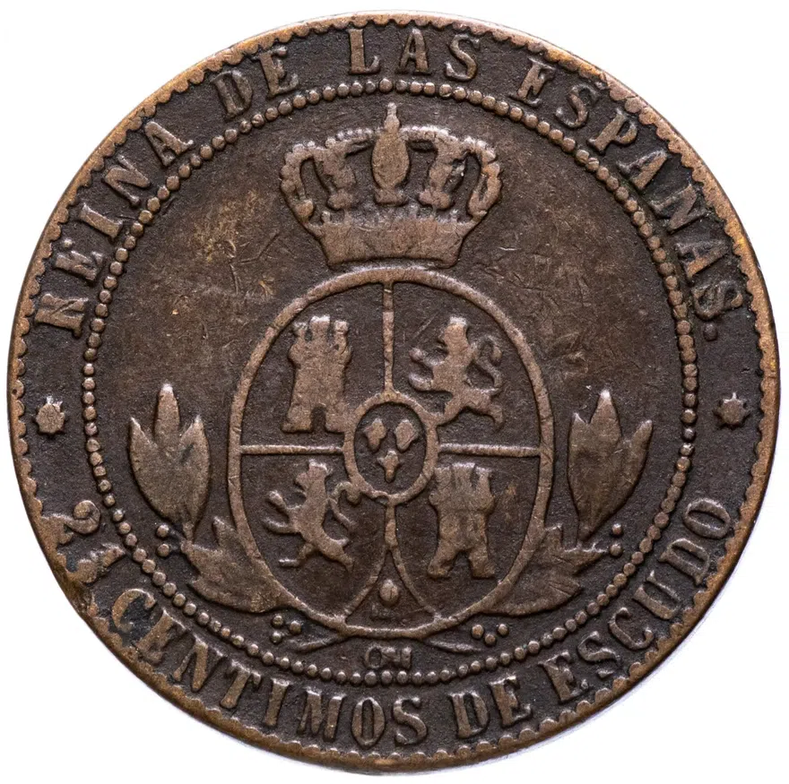 Испания 2 1/2 сентимо (centimos) 1867 знак монетного двора "8-конечная звезда", аверс