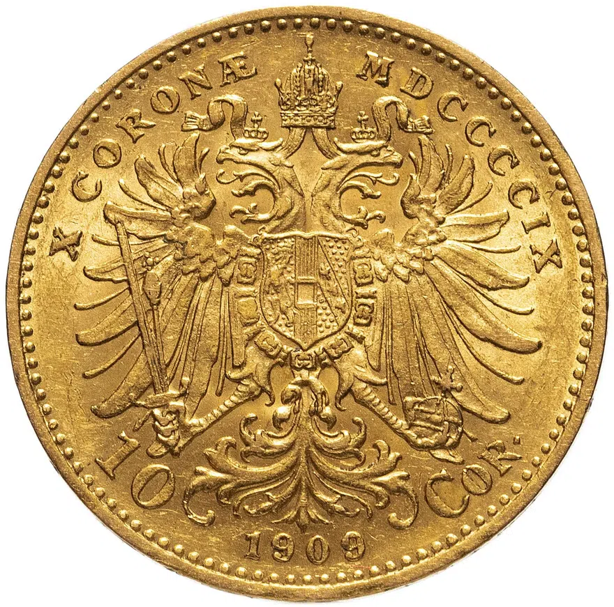 Австрия 10 крон (corona) 1909  Без надписи под бюстом, реверс