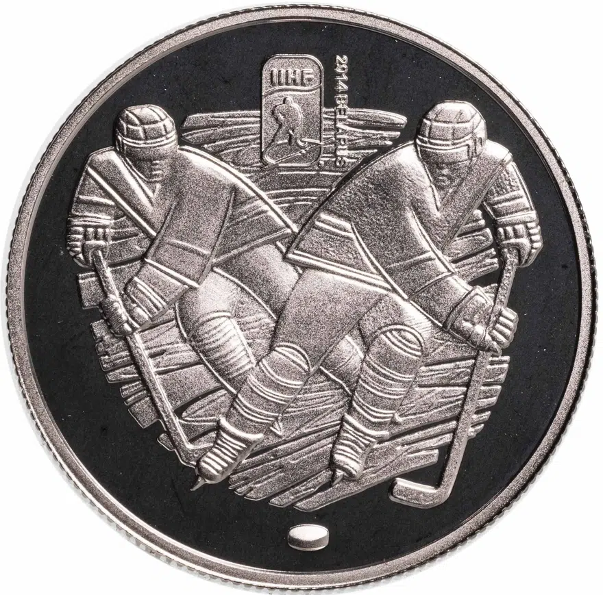 Беларусь 1 рубль 2012 Чемпионат мира по хоккею 2014 Минск-Арена в памятном футляре, реверс