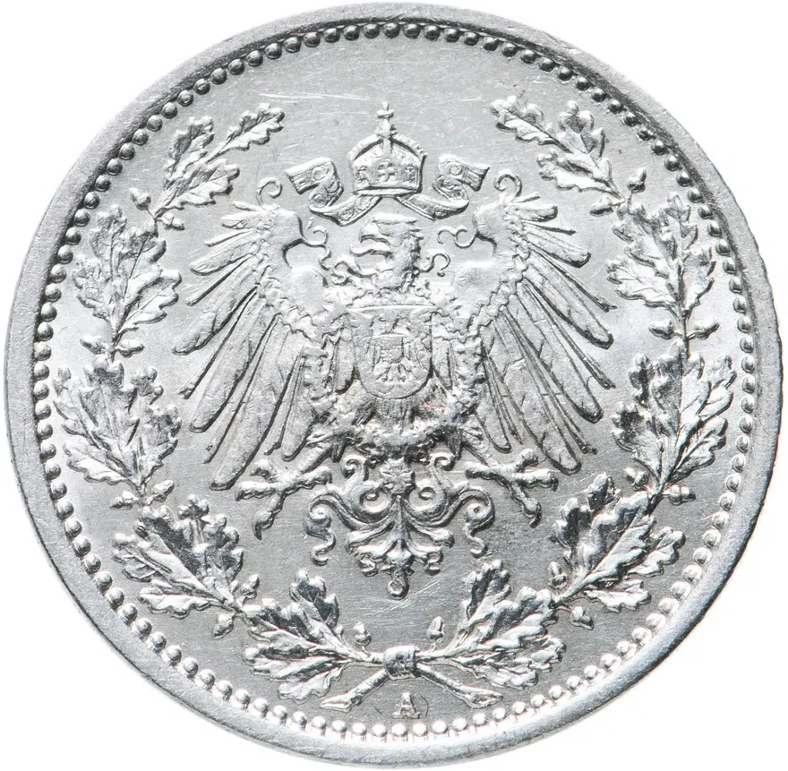 Германия 1/2 марки (mark) 1915 A  знак монетного двора: "A" - Берлин, реверс