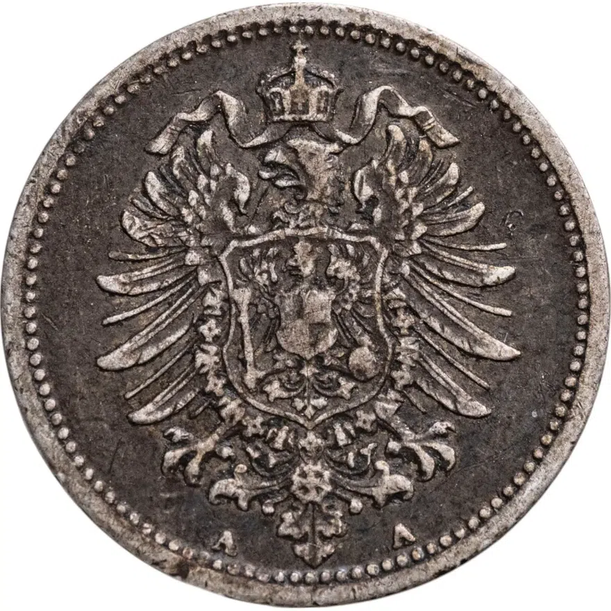 Германия 20 пфеннигов (pfennig) 1876 A  знак монетного двора: "A" - Берлин, реверс
