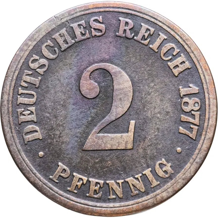 Германия 2 пфеннига (pfennig) 1877 A  знак монетного двора: "A" - Берлин, аверс