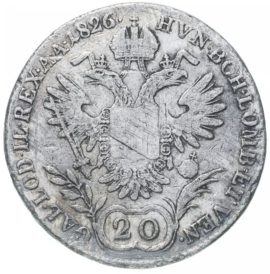 Австрия 20 крейцеров (kreuzer) 1826 A  знак монетного двора "A" - Вена, реверс