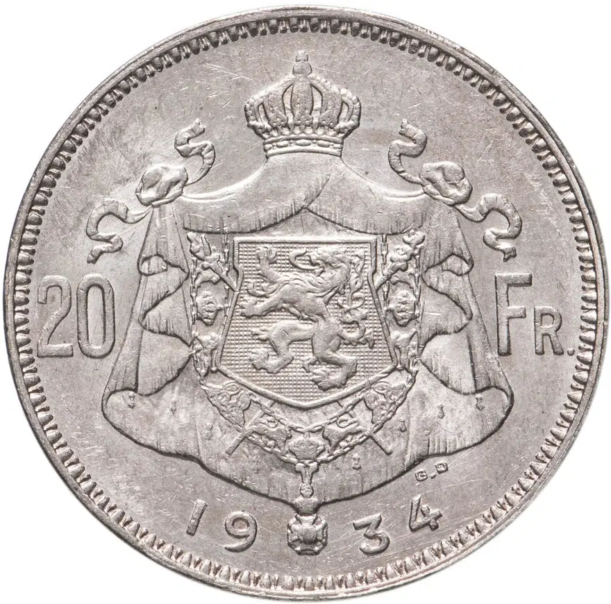 Бельгия 20 франков (francs) 1934  Надпись на голландском - 'ALBERT KONING DER BELGEN', реверс