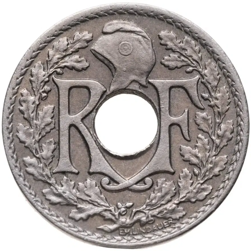 Франция 5 сантимов (centimes) 1926  Новый тип: Отверстие в центре, аверс