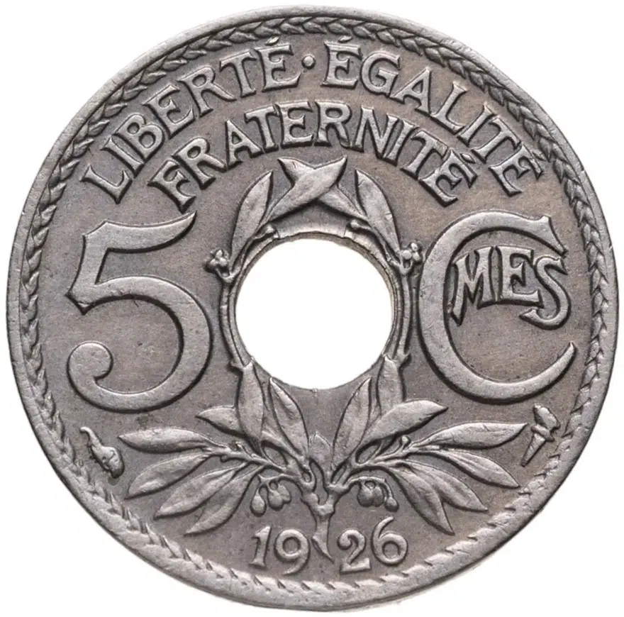 Франция 5 сантимов (centimes) 1926  Новый тип: Отверстие в центре, реверс