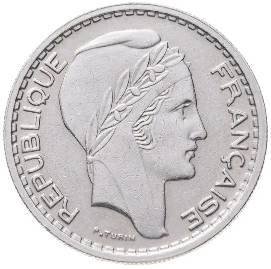 Франция 10 франков (francs) 1947  Новый тип: маленькая голова Без отметки монетного двора