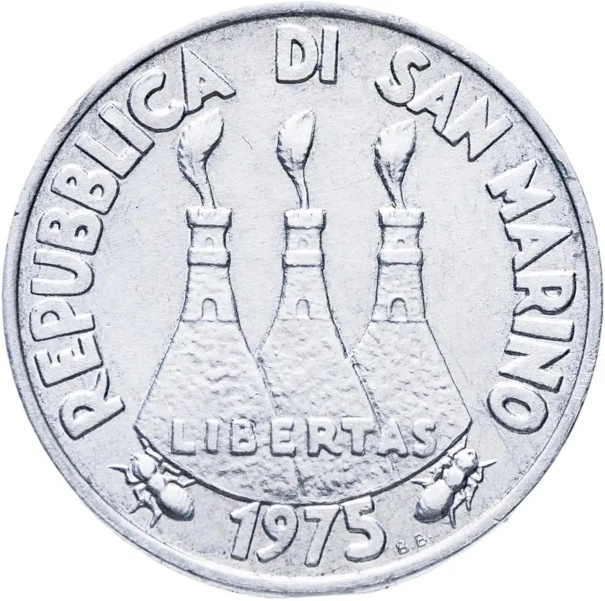 Сан-Марино 1 лира (lira) 1975  Любовь у животных, аверс