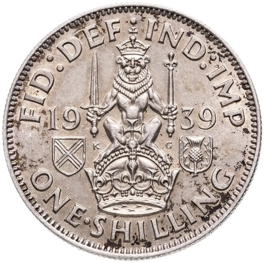 Великобритания 1 шиллинг (shilling) 1939  Шотландский шиллинг - лев, сидящий на короне, реверс