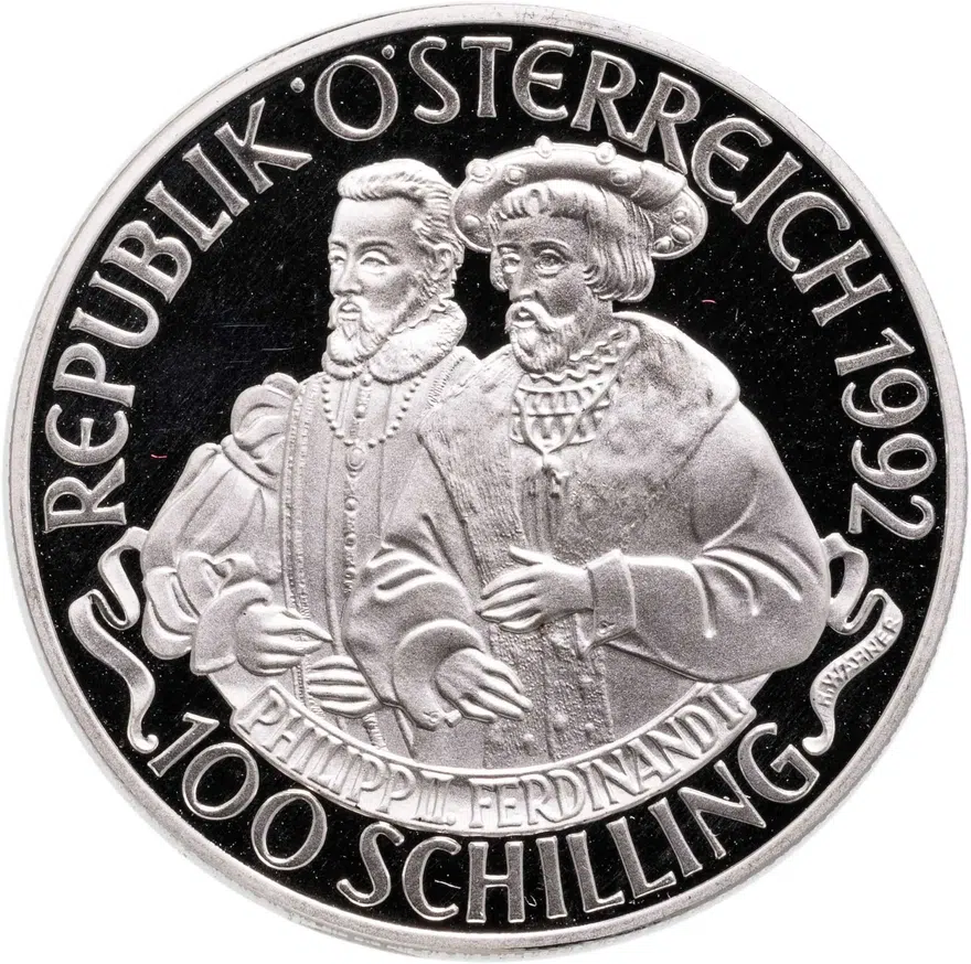 Австрия 100 шиллингов (shillings) 1992  Карл V, реверс