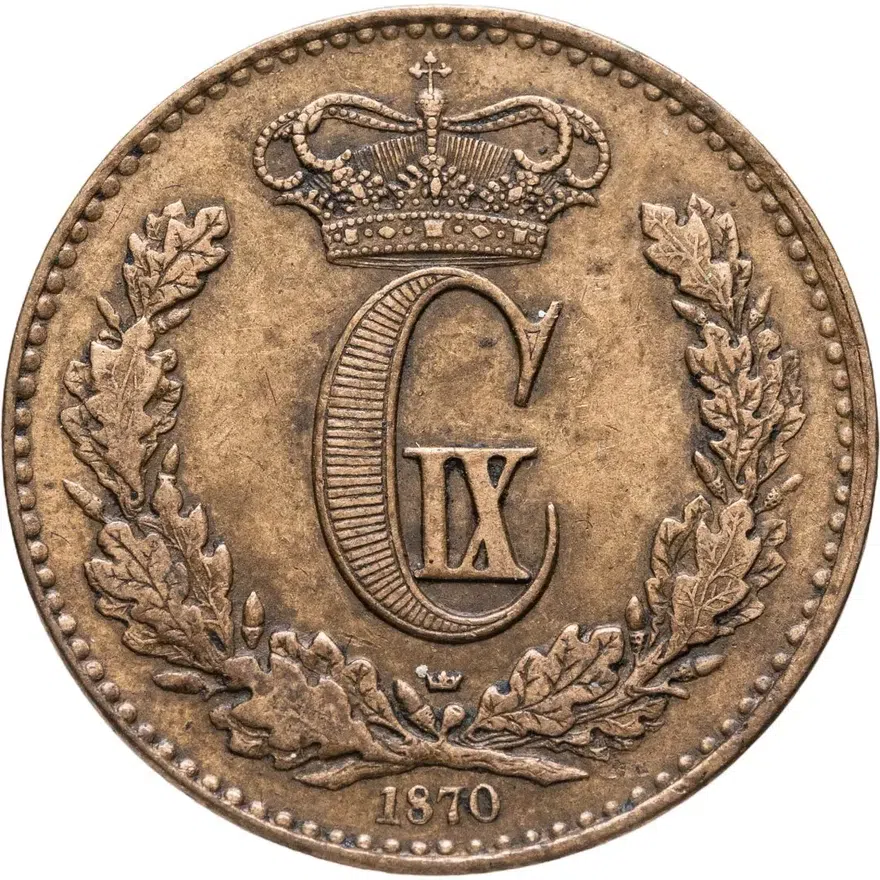 Дания 1 скиллинг ригсмонт (скиллинг-ригсмёнт, skilling rigsmont) 1870, аверс