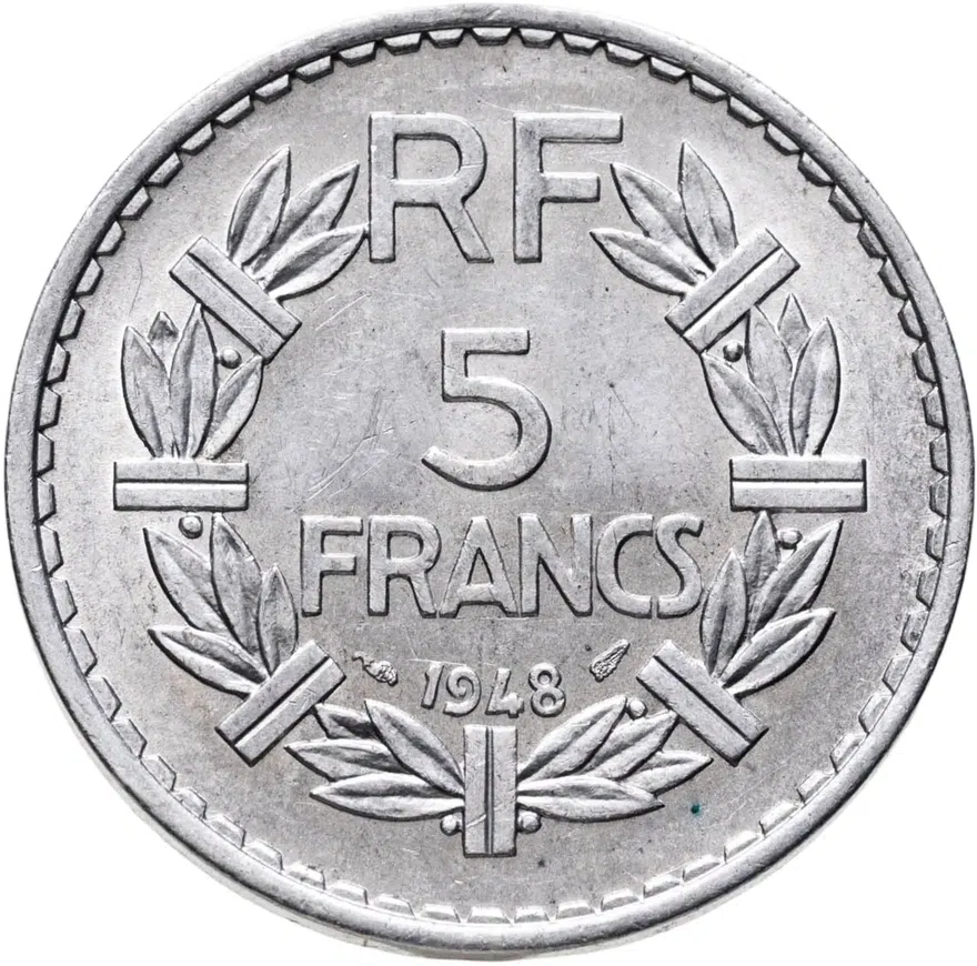 Франция 5 франков (francs) 1948   Без отметки монетного двора, реверс