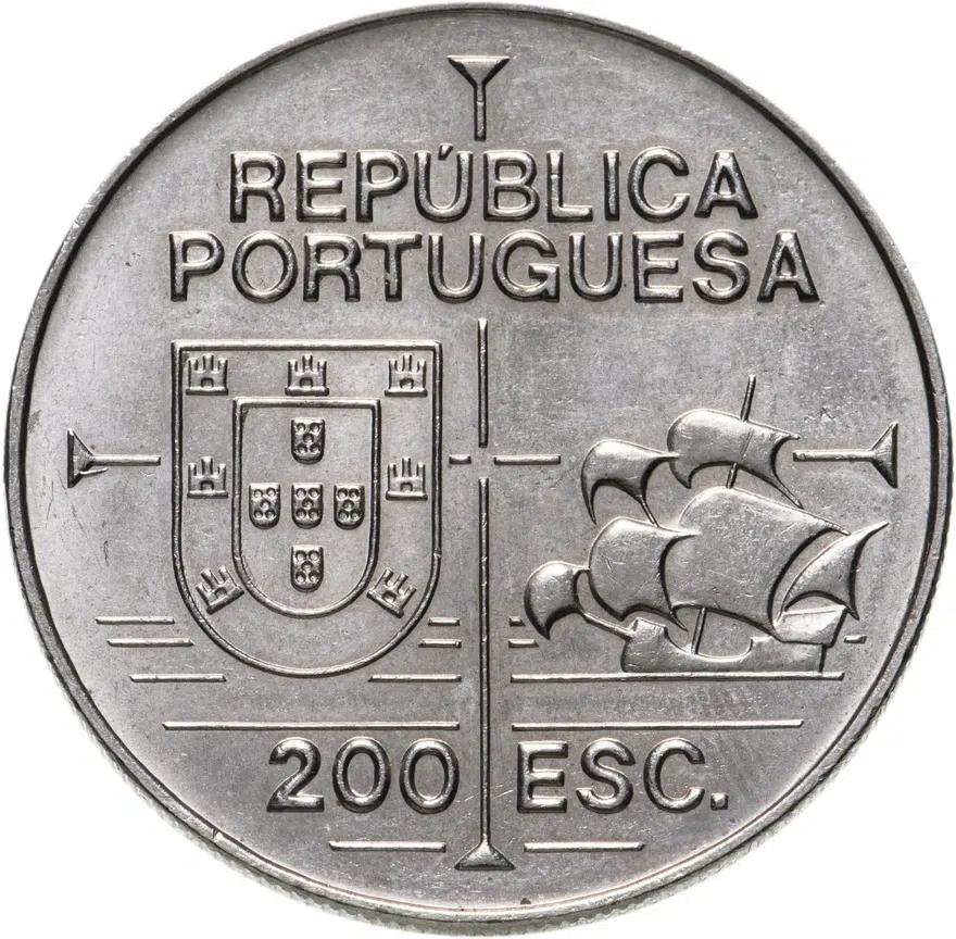 Португалия 200 эскудо (escudos) 1992  450 лет с момента открытия Калифорнии, реверс