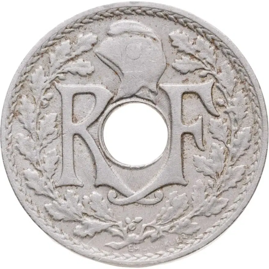 Франция 5 сантимов (centimes) 1917  Отверстие в центре, аверс