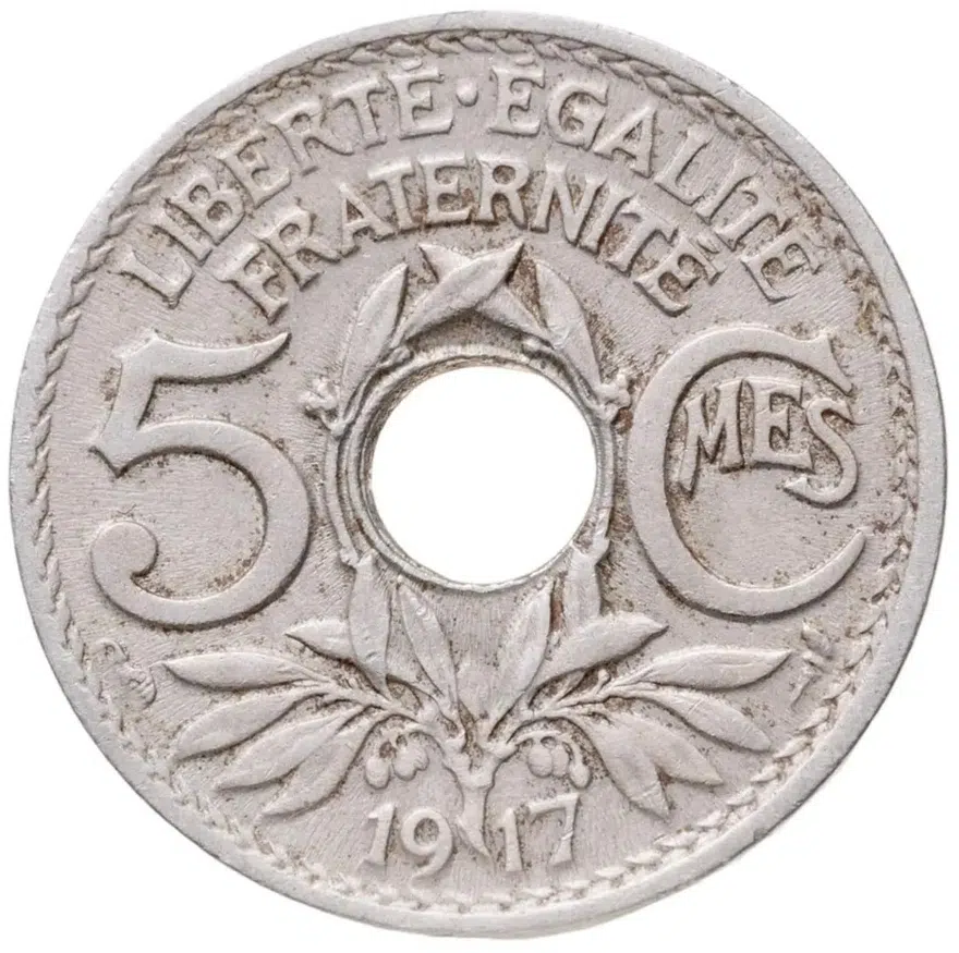 Франция 5 сантимов (centimes) 1917  Отверстие в центре, реверс