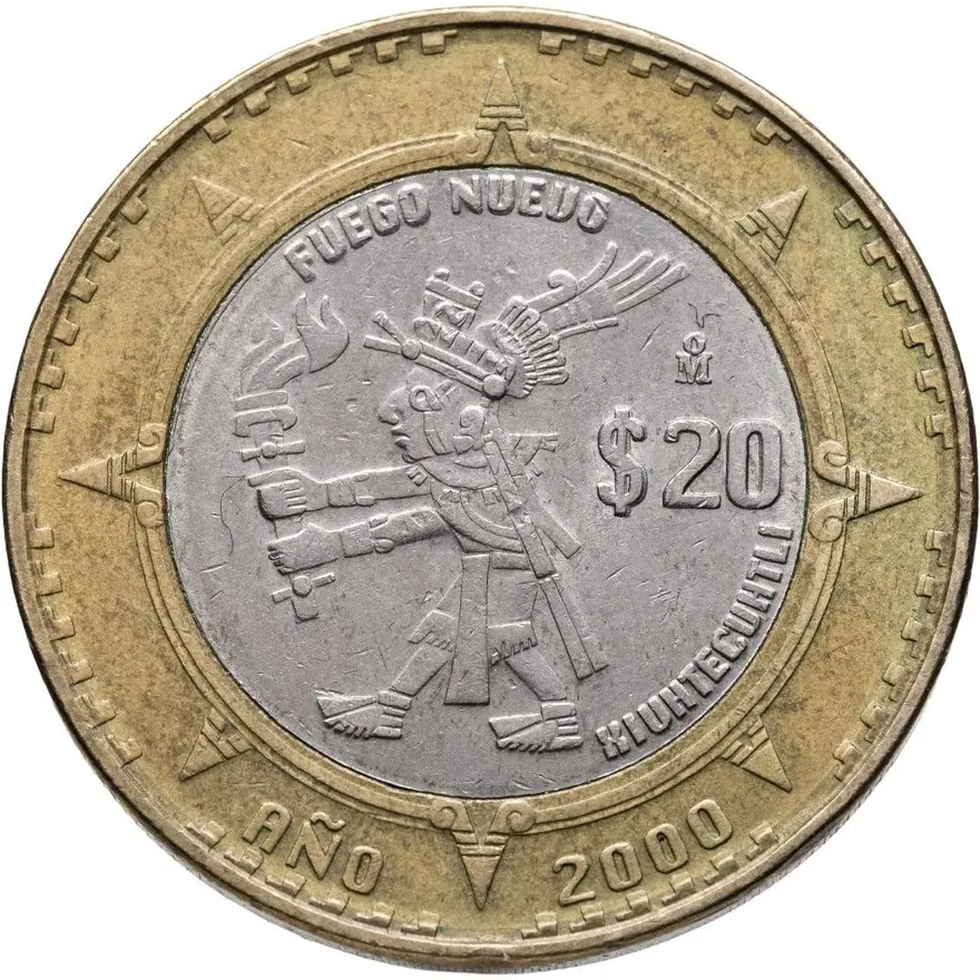 Мексика 20 песо (pesos) 2000  Шиутекутли, церемония нового огня, смена тысячелетий, аверс