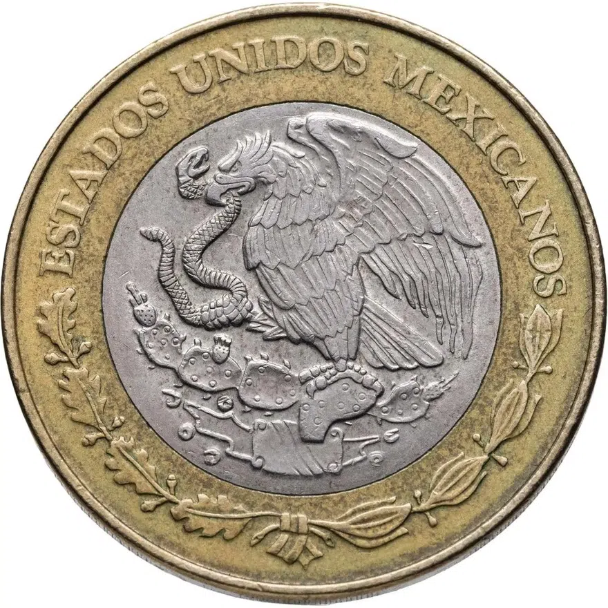 Мексика 20 песо (pesos) 2000  Шиутекутли, церемония нового огня, смена тысячелетий, реверс