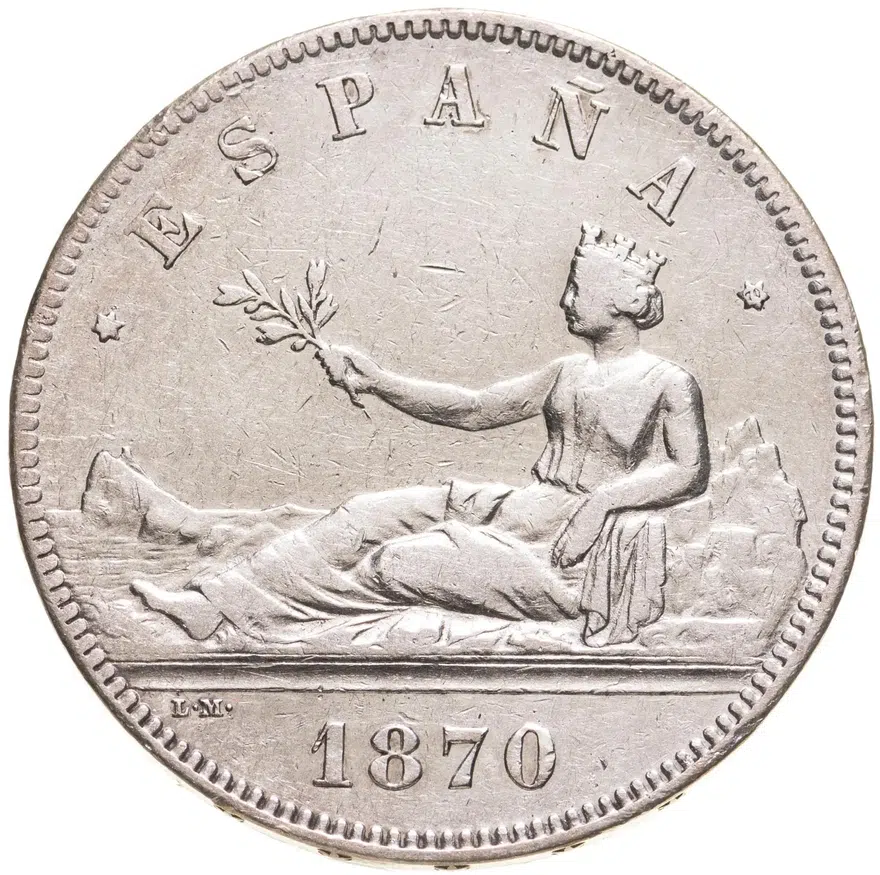 Испания 5 песет 1870 SN-M, период междуцарствия, аверс