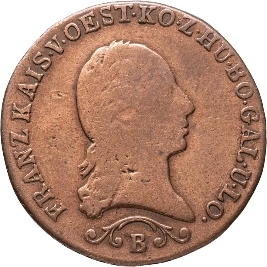 Австрия 1 крейцер (kreuzer) 1812 B  знак монетного двора "B" - Кремница, реверс