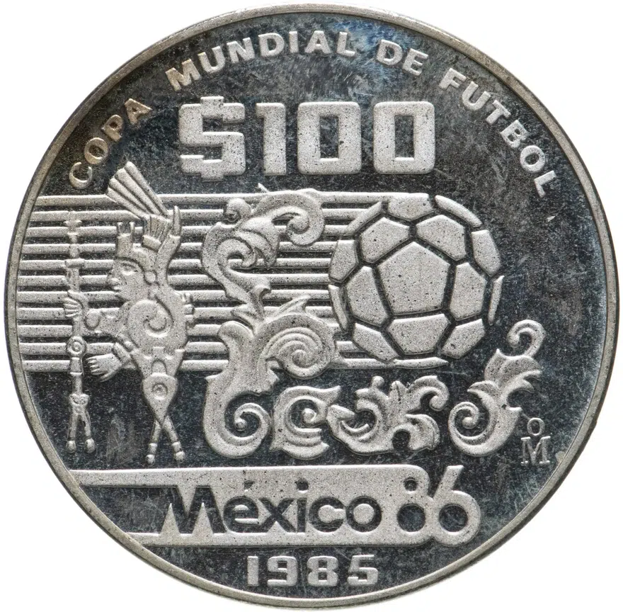 Мексика 100 песо (pesos) 1985 Чемпионат мира по футболу 1986 - Узоры и мяч